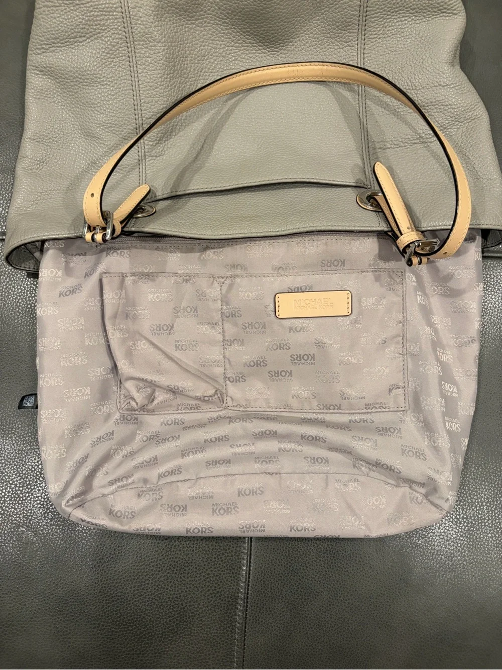 Michael Kors Gray Pebbled Leather Tote with Tan Straps